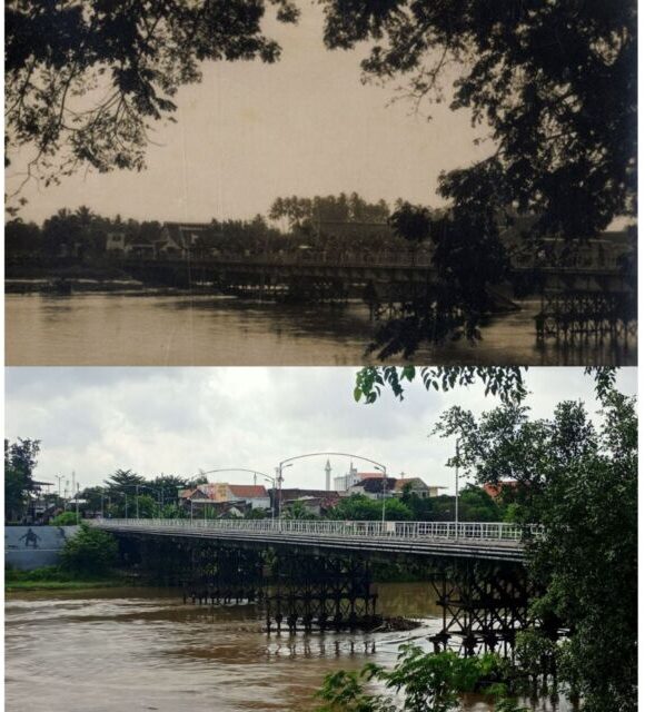 Kuno Kini Jembatan Lama Brantas Kota Kediri: (kolase foto: KITLV dan Anis Firmansyah/satukanal.com)